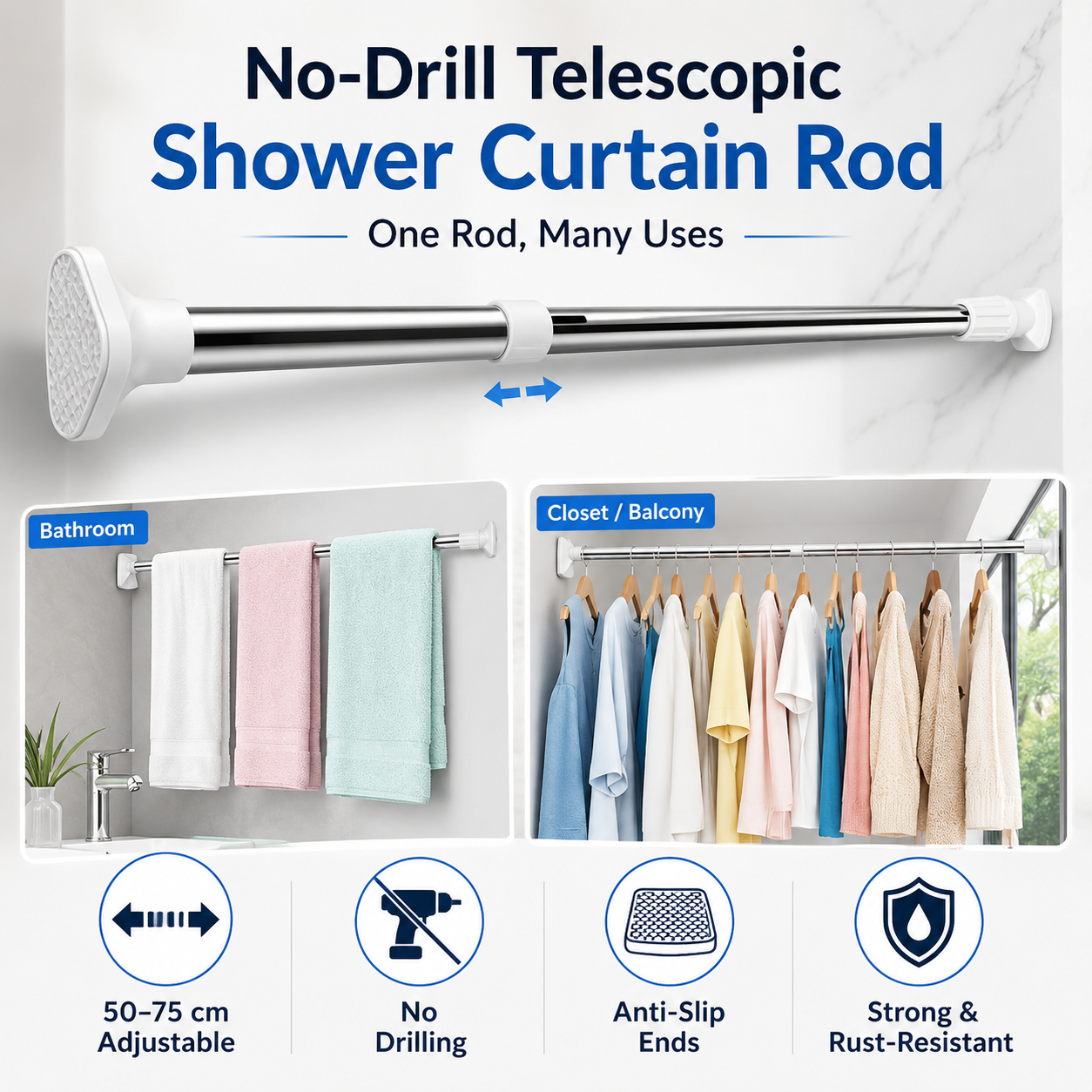 Adjustable telescoping tension rod for home storage