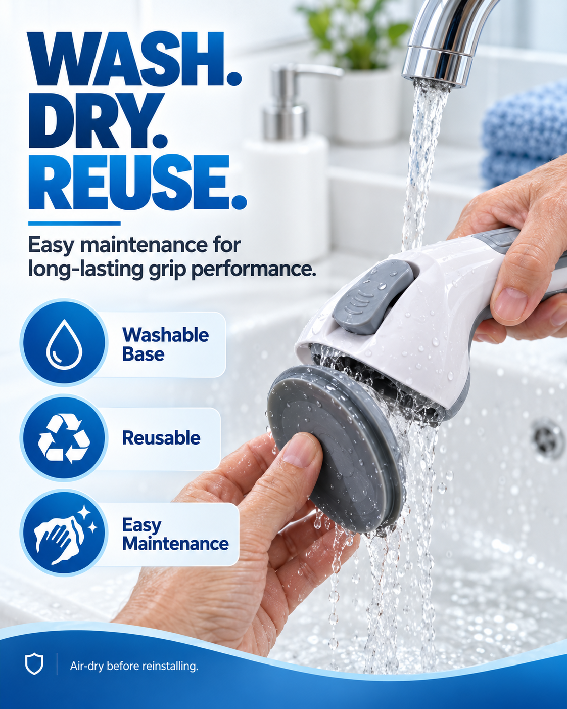 Comfortable suction grab bar for everyday bathroom balance support
