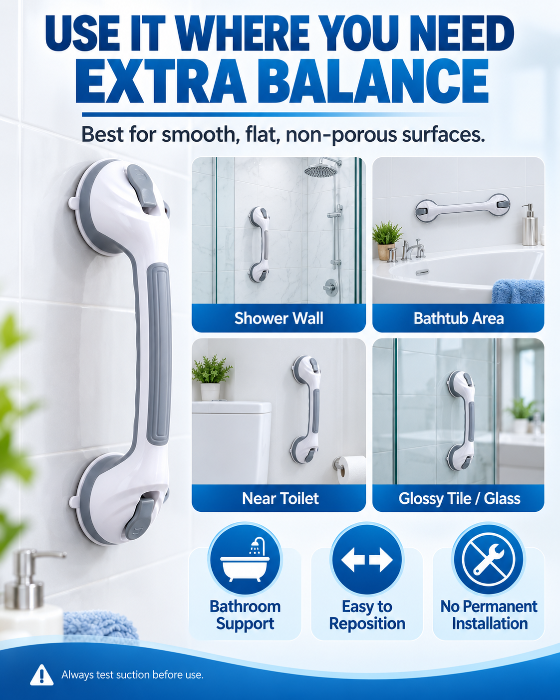 Three-step suction grab bar installation guide