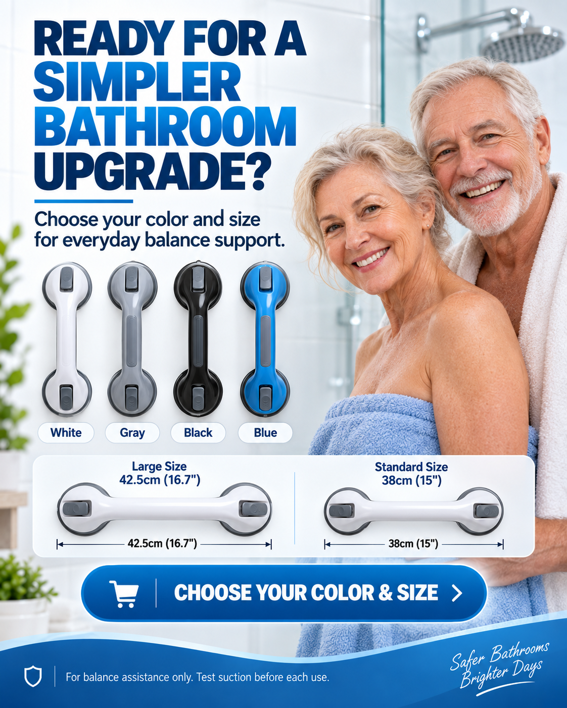 Washable reusable suction cup grab bar