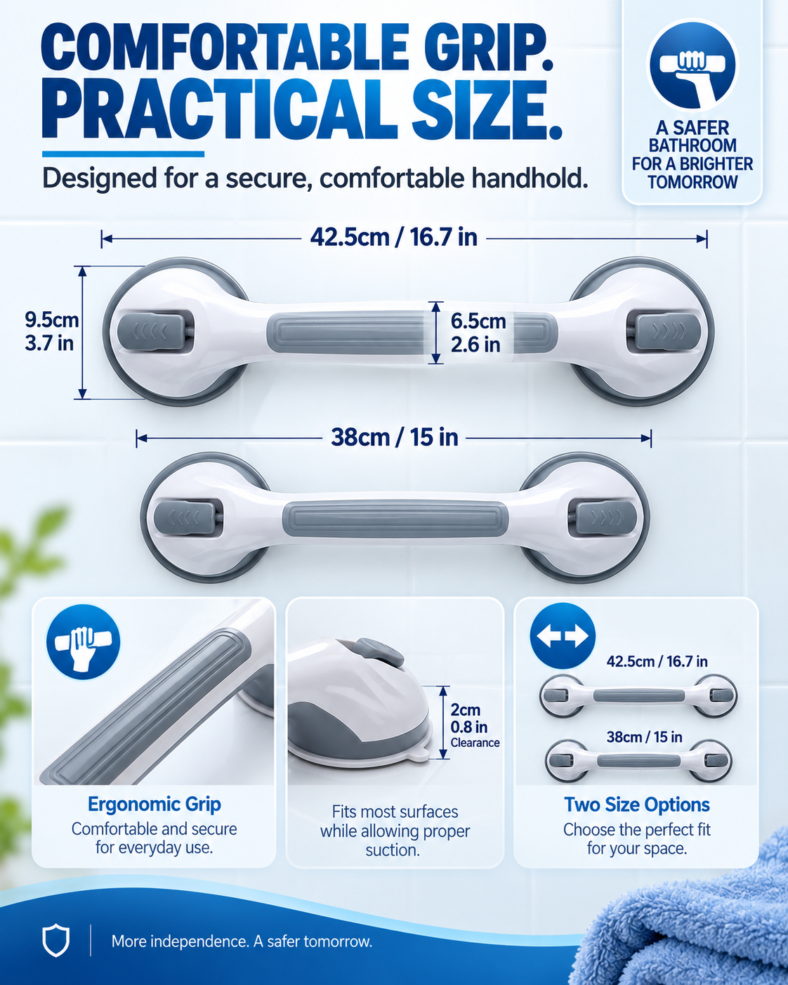 Suction grab bar colors and size options